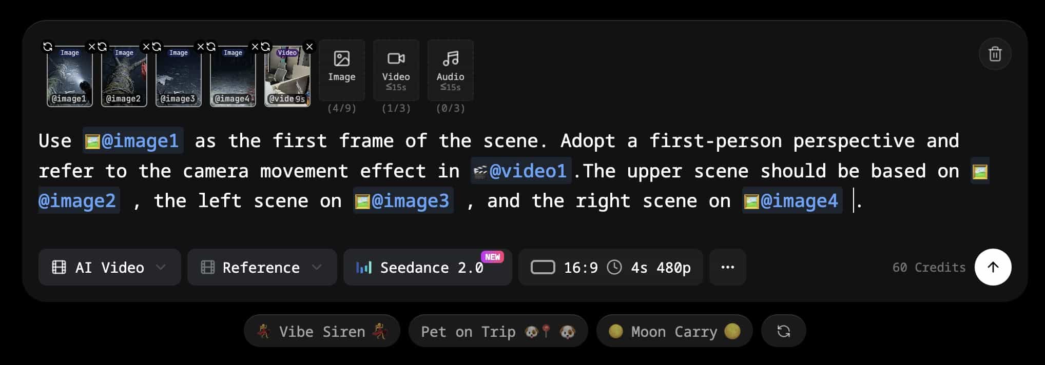Seedance 2.0 interface — complete prompt with all image and video references assigned