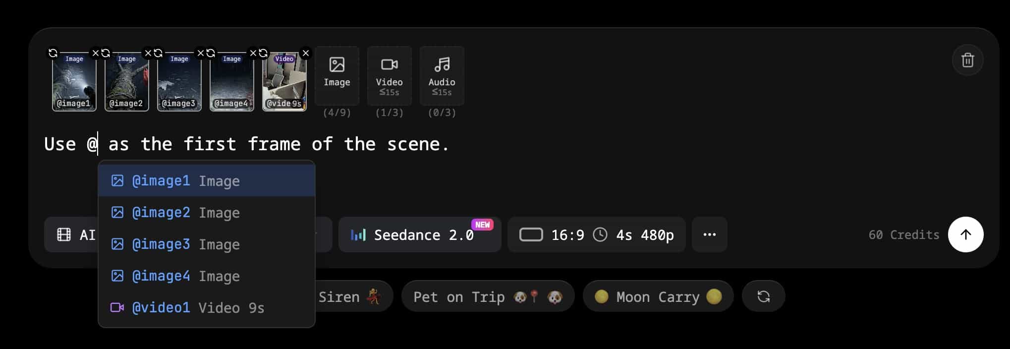Seedance 2.0 interface — entering the first line and using @ to reference images