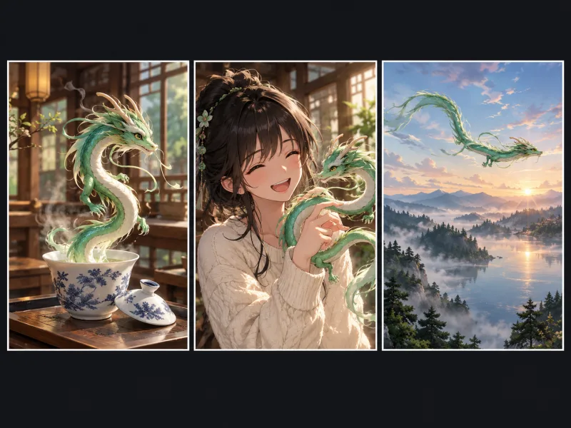 Kling 4 生成的三个动漫风格镜头：一条玉龙从茶杯中升起，飞过薄雾笼罩的湖面