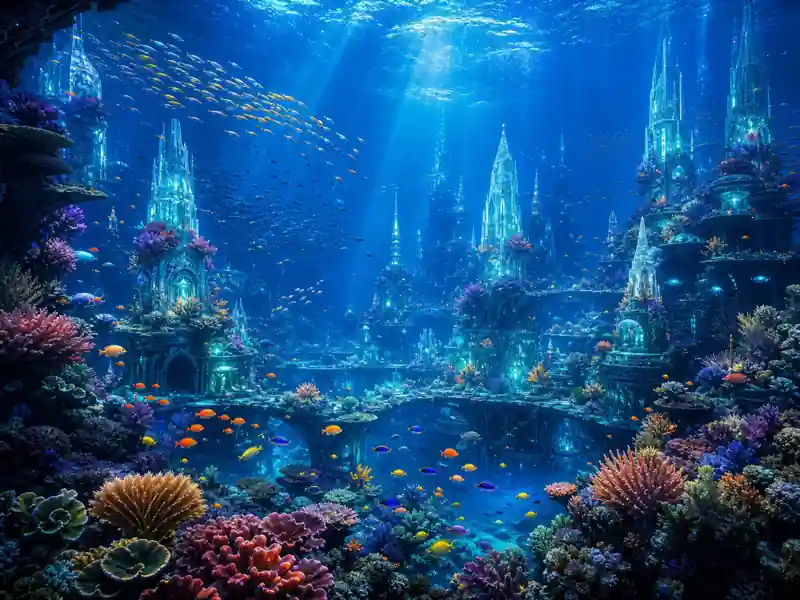 Wan 2.7 Image text-to-image generation example showing photorealistic coral reef city